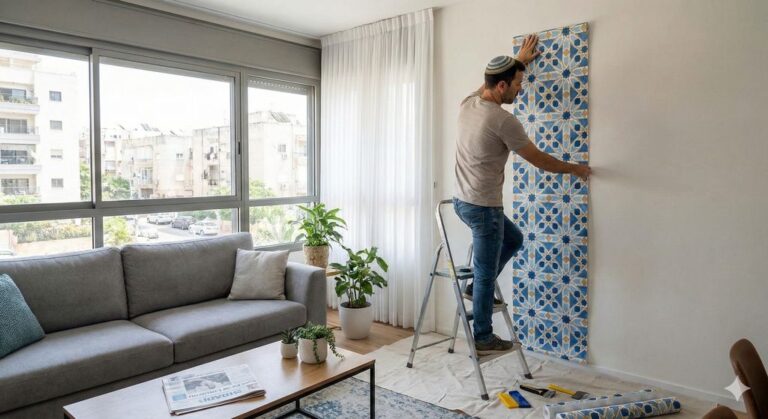 איש מקצוע מדביק טפטים איכותיים בסלון של משפחה ישראלית