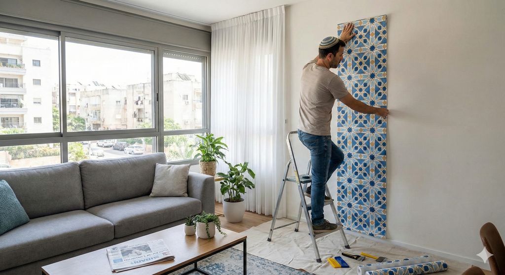 איש מקצוע מדביק טפטים איכותיים בסלון של משפחה ישראלית